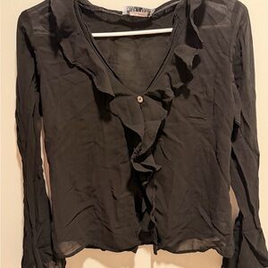 Sheer Black Ruffle V-Neck Blouse